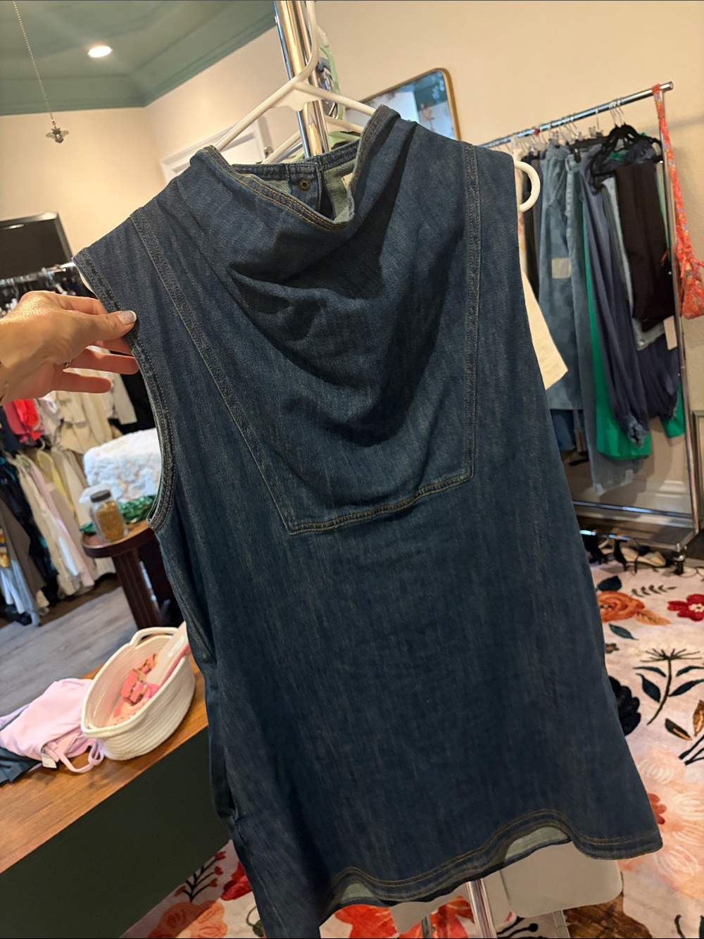 Denim Sleeveless Hooded Tunic- Blue